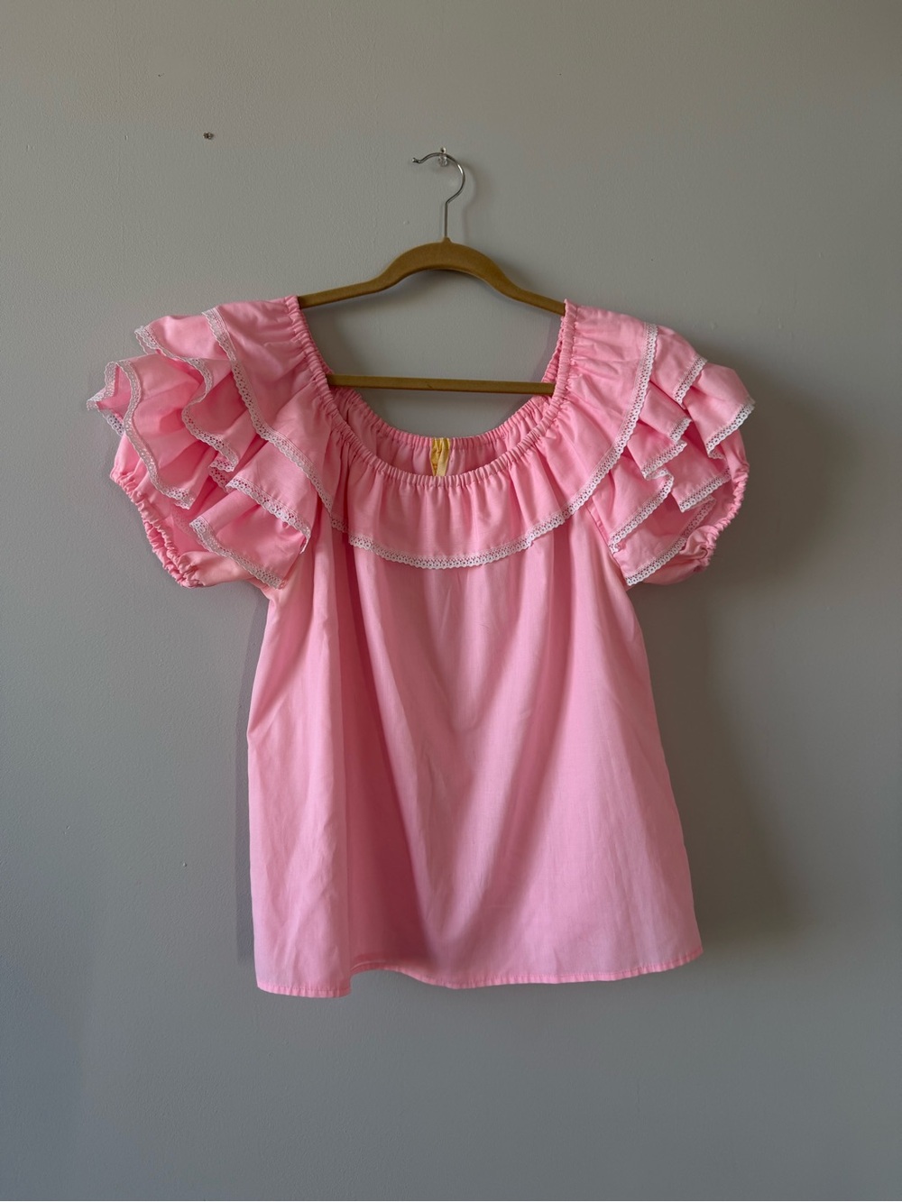Vintage Women’s Pink Ruffle-Off Shoulder Babydoll Top